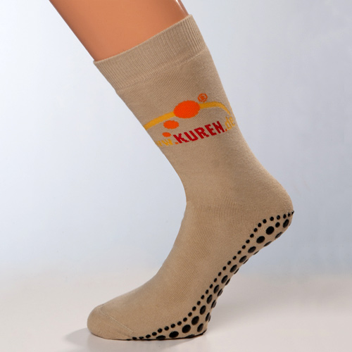 antirutschsocken mit logo braun und abs in schwarz