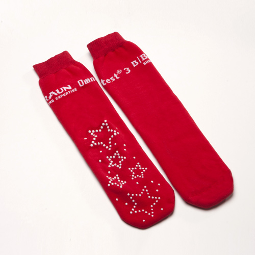 socken mit logo in grundfarbe rot und abs als sterne in weiß